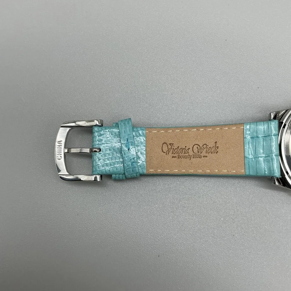 Victoria Wieck Womens Watch 42mm Silver Tone Aqua Leather Crystals New Battery